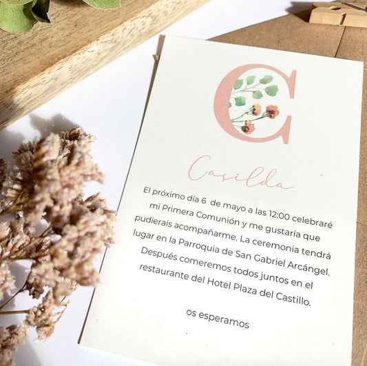 Invitación Primera Comunión alfabeto floral