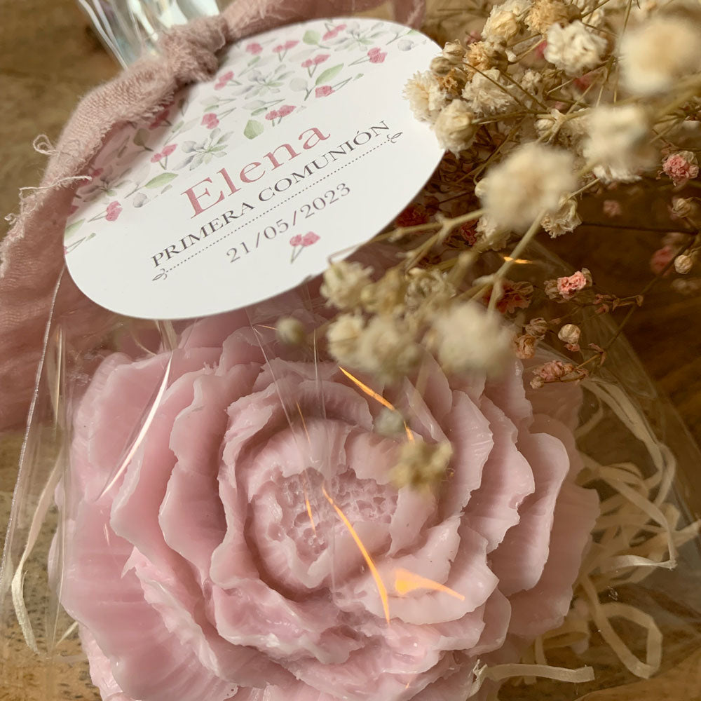 Detalle Primera Comunión Jabón rosa colección inicial estampados florales