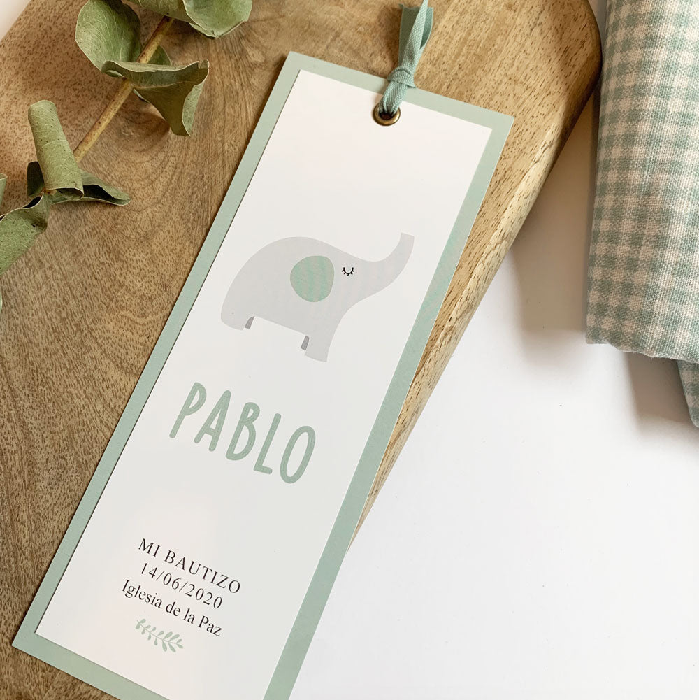 Recordatorio bautizo punto de libro "elefante"