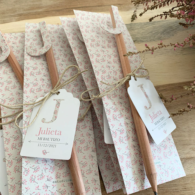 Lápiz personalizado bautizo inicial floral