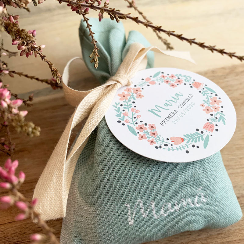Recordatorio comunión bolsita de lavanda "rosco floral"