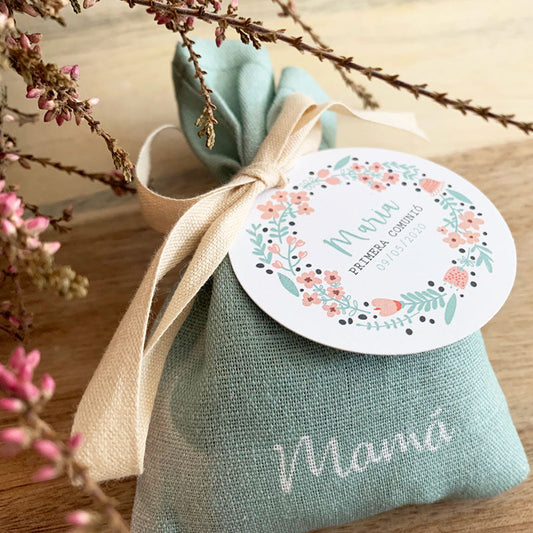 Recordatorio comunión bolsita de lavanda "rosco floral"