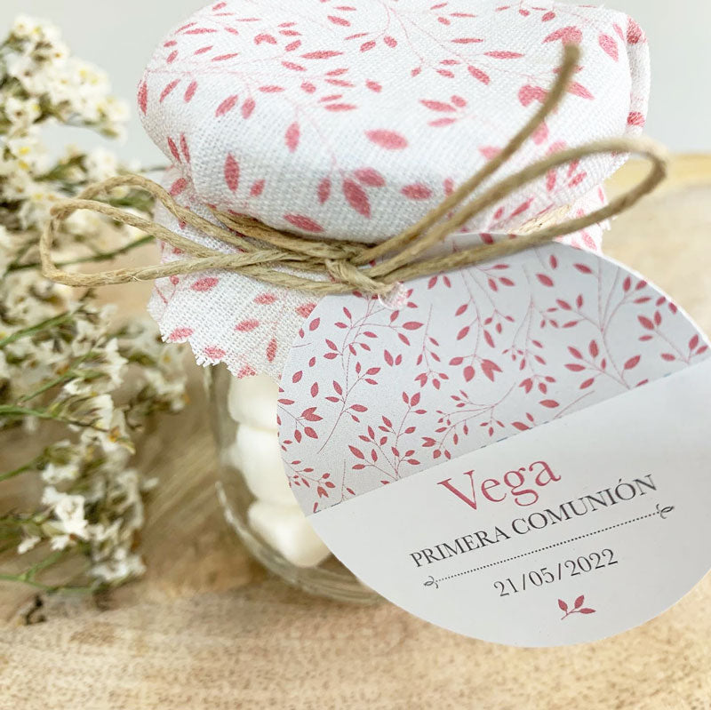 Recordatorio comunión tarro dulce inicial floral