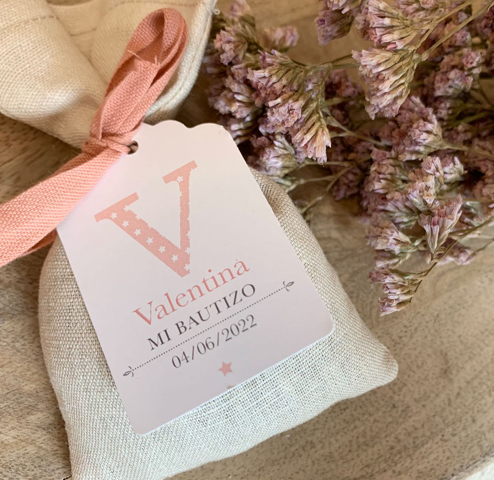 Recordatorio bautizo bolsita de lavanda "estampados geométricos"