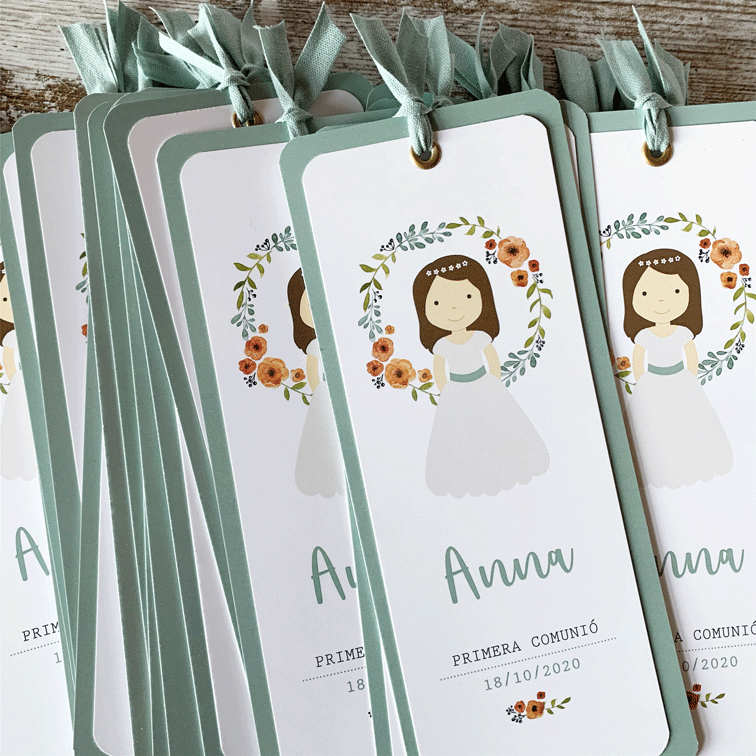 Recordatorio comunión punto de libro "Niña Floral"
