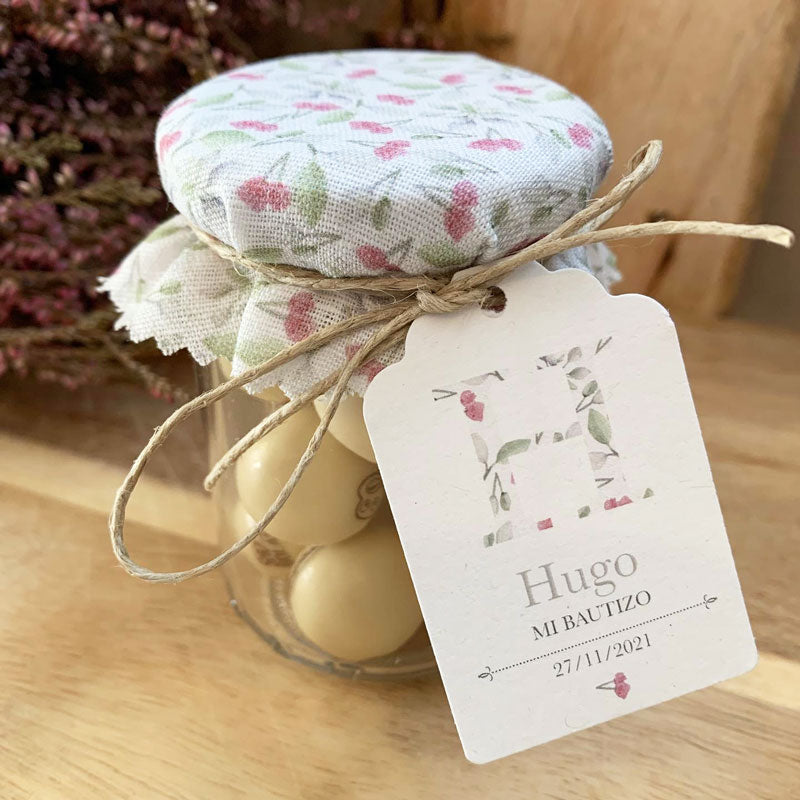 Recordatorio bautizo tarro dulce inicial floral