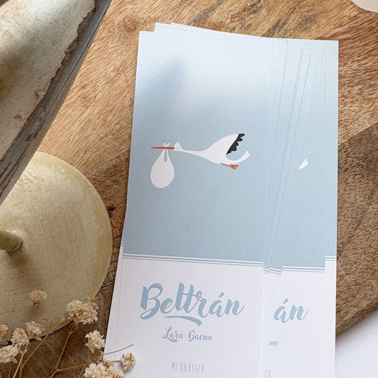 Recordatorio bautizo punto de libro "Cigüeña"