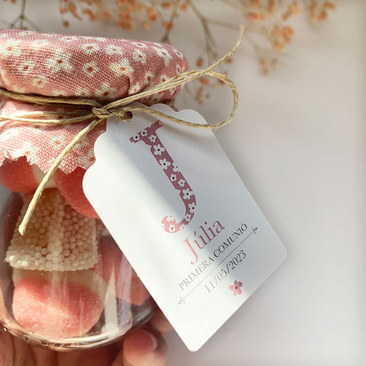 Recordatorio comunión tarro dulce inicial floral