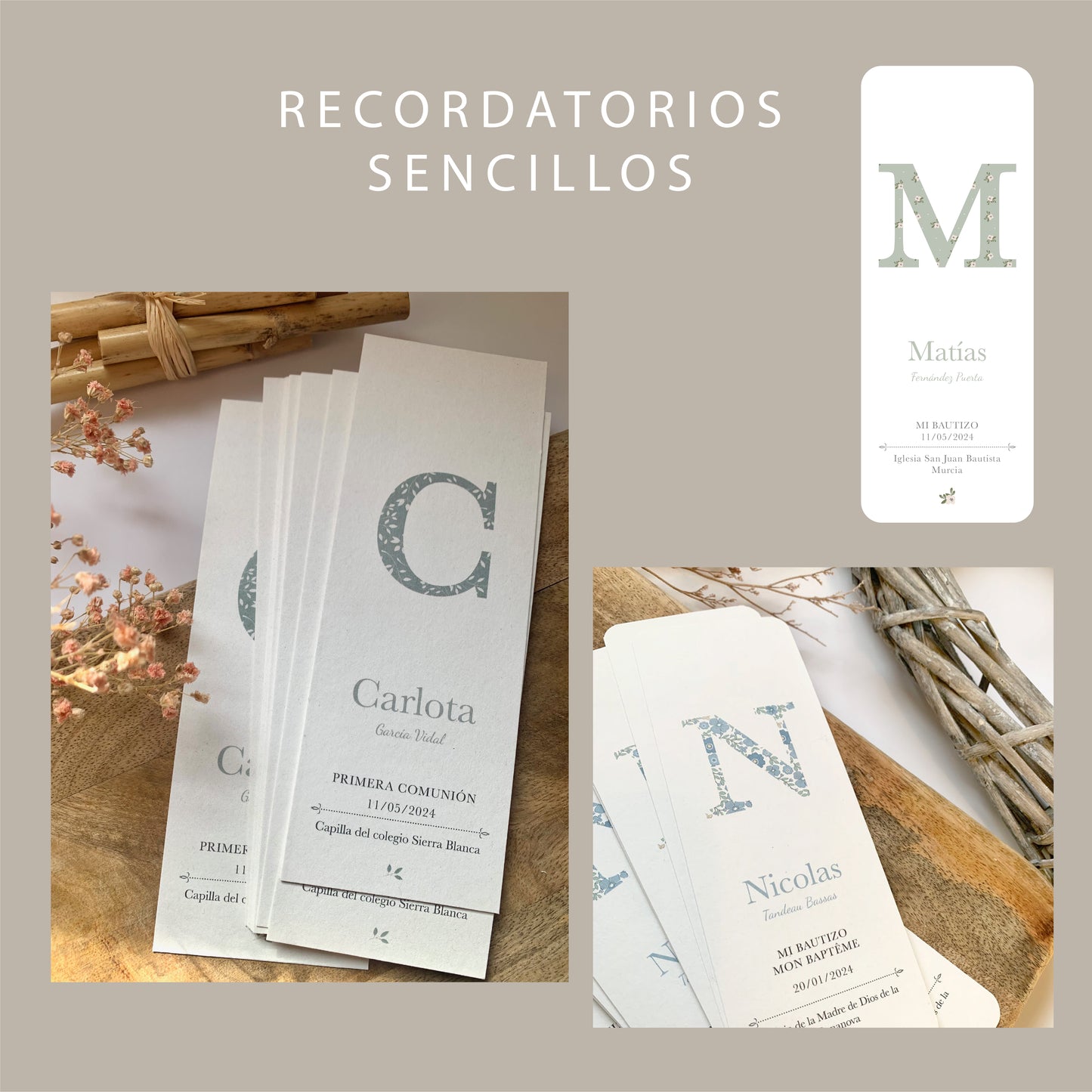Recordatorio bautizo inicial floral