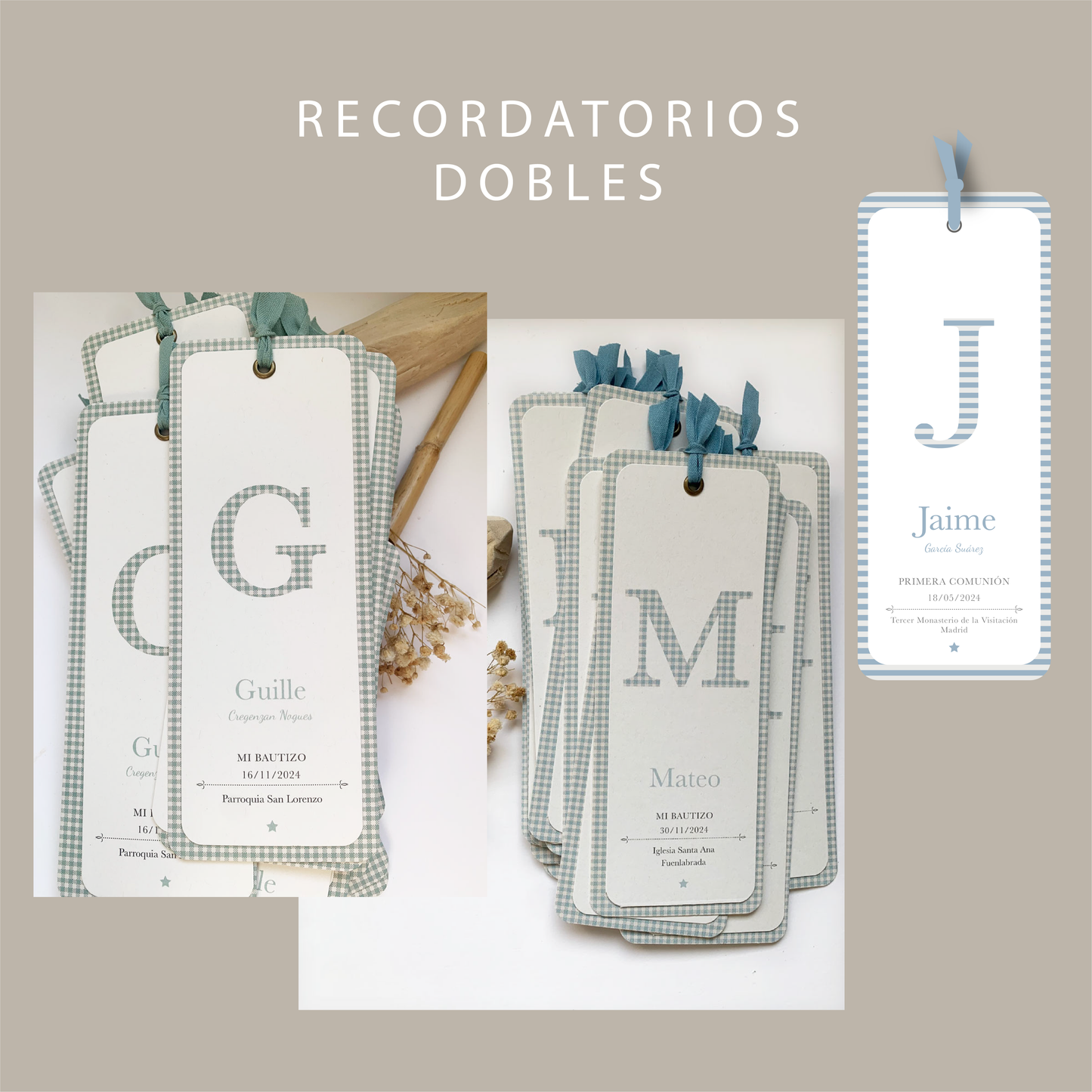 Recordatorio bautizo punto de libro "inicial" estampados geométricos